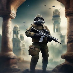 A military machine gunner wearing a gas mask, holding a machine gun in a fantasy world