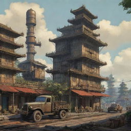 A dieselpunk rendition of Vietnam, intertwining elements of traditional Vietnamese landscapes and architecture with industrial, retro-futuristic dieselpunk machinery and structures.