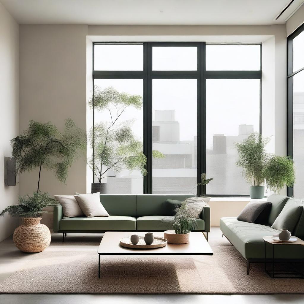 A beautifully designed modern interior living room with minimalist furniture, large windows allowing natural light, and a cozy atmosphere