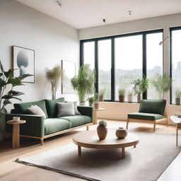 A beautifully designed modern interior living room with minimalist furniture, large windows allowing natural light, and a cozy atmosphere