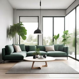 A beautifully designed modern interior living room with minimalist furniture, large windows allowing natural light, and a cozy atmosphere