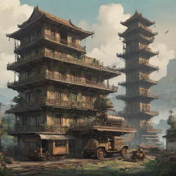 A dieselpunk rendition of Vietnam, intertwining elements of traditional Vietnamese landscapes and architecture with industrial, retro-futuristic dieselpunk machinery and structures.