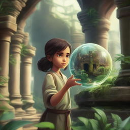 A young girl holding a crystal ball is exploring ancient jungle ruins