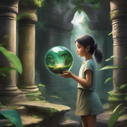 A young girl holding a crystal ball is exploring ancient jungle ruins