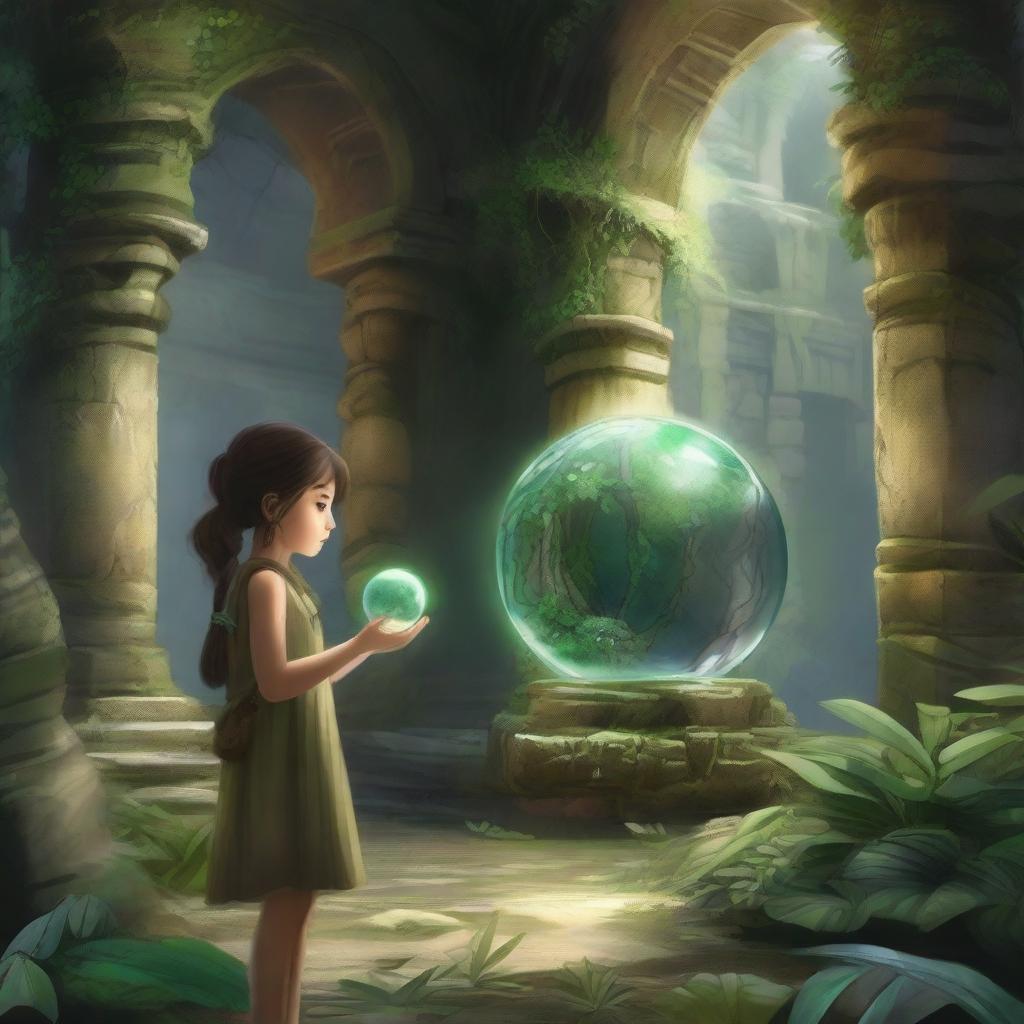 A young girl holding a crystal ball is exploring ancient jungle ruins