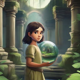 A young girl holding a crystal ball is exploring ancient jungle ruins