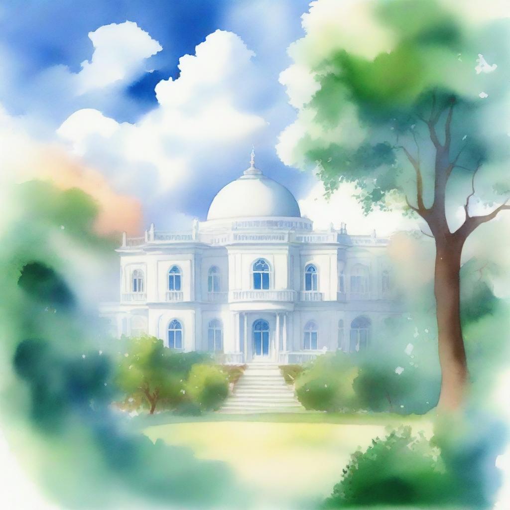 A watercolor painting of a cloud containing a beautiful white palace surrounded by a lush garden with a big tree