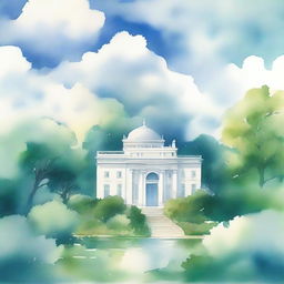 A watercolor painting of a cloud containing a beautiful white palace surrounded by a lush garden with a big tree