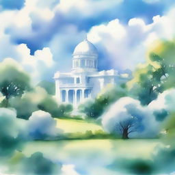 A watercolor painting of a cloud containing a beautiful white palace surrounded by a lush garden with a big tree