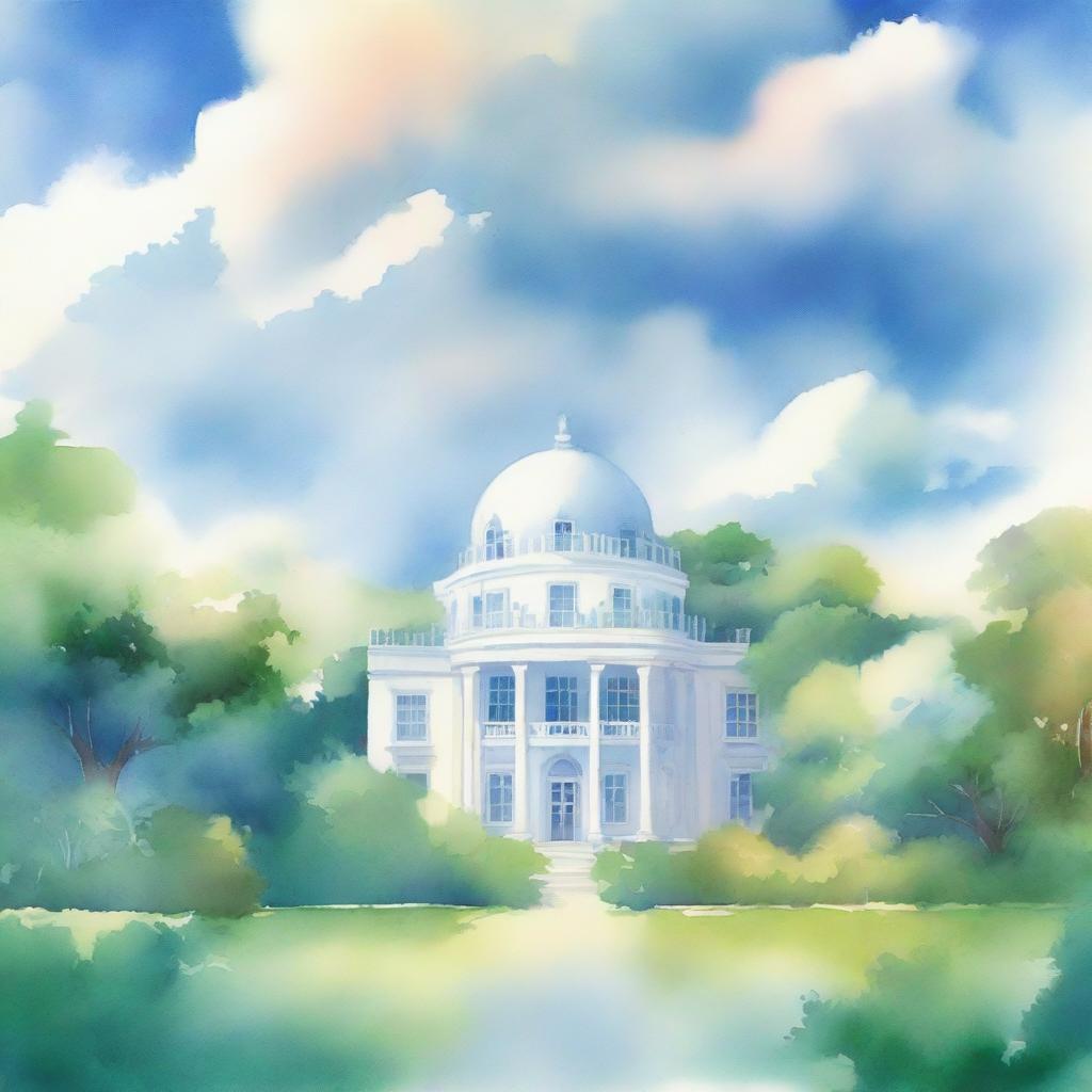 A watercolor painting of a cloud containing a beautiful white palace surrounded by a lush garden with a big tree