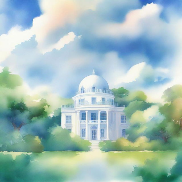 A watercolor painting of a cloud containing a beautiful white palace surrounded by a lush garden with a big tree