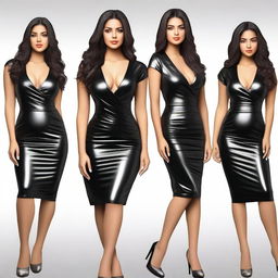 A group of beautiful Indian girls wearing shiny black leather V-neck pencil bodycon dresses