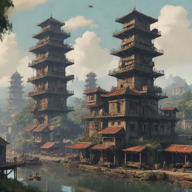 A dieselpunk rendition of Vietnam, intertwining elements of traditional Vietnamese landscapes and architecture with industrial, retro-futuristic dieselpunk machinery and structures.