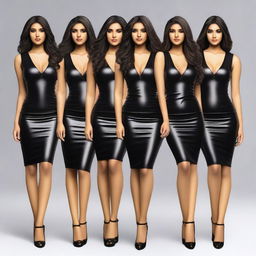 A group of beautiful Indian girls wearing shiny black leather V-neck pencil bodycon dresses