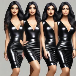 A group of beautiful Indian girls wearing shiny black leather V-neck pencil bodycon dresses