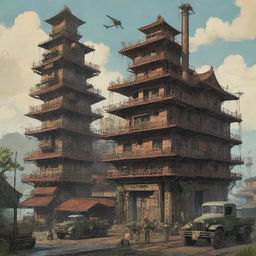 A dieselpunk rendition of Vietnam, intertwining elements of traditional Vietnamese landscapes and architecture with industrial, retro-futuristic dieselpunk machinery and structures.