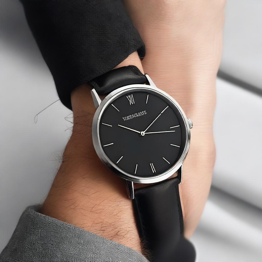 A black wrist watch named 'Timeless Classic', featuring a sleek and elegant design with a minimalist black dial, silver hands, and a black leather strap