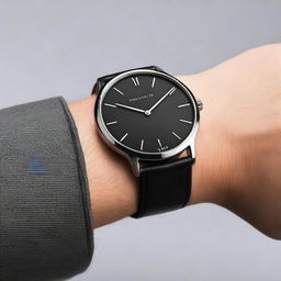 A black wrist watch named 'Timeless Classic', featuring a sleek and elegant design with a minimalist black dial, silver hands, and a black leather strap