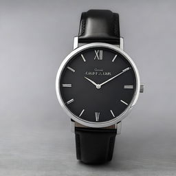 A black wrist watch named 'Timeless Classic', featuring a sleek and elegant design with a minimalist black dial, silver hands, and a black leather strap