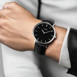 A black wrist watch named 'Timeless Classic', featuring a sleek and elegant design with a minimalist black dial, silver hands, and a black leather strap