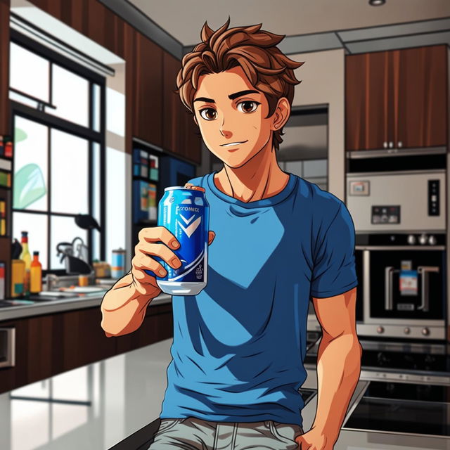 Connor, a young adult male with short brown hair, drinks a blue V energy drink in a modern kitchen with a cheerful and energetic atmosphere