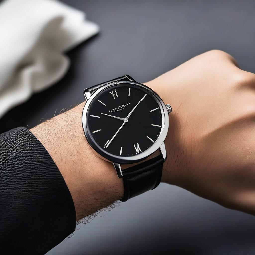 A black wrist watch named 'Timeless Classic', featuring a sleek and elegant design with a minimalist black dial, silver hands, and a black leather strap