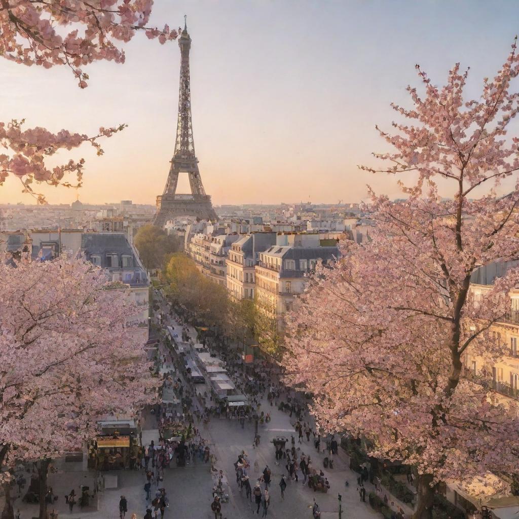 A picturesque view of Paris during sunrise with the Eiffel Tower in the foreground, cafes bustling with people, and adorned with blooming cherry blossom trees.