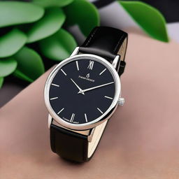 A black wrist watch named 'Timeless Classic', featuring a sleek and elegant design with a minimalist black dial, silver hands, and a black leather strap