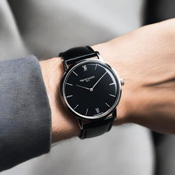 A black wrist watch named 'Timeless Classic', featuring a sleek and elegant design with a minimalist black dial, silver hands, and a black leather strap