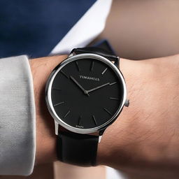 A black wrist watch named 'Timeless Classic', featuring a sleek and elegant design with a minimalist black dial, silver hands, and a black leather strap