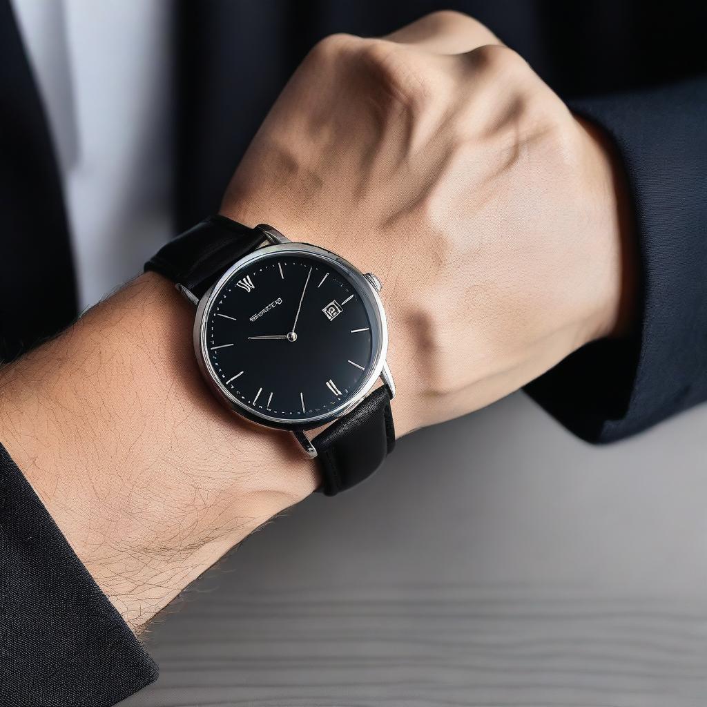 A black wrist watch named 'Timeless Classic', featuring a sleek and elegant design with a minimalist black dial, silver hands, and a black leather strap