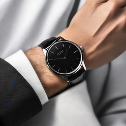 A black wrist watch named 'Timeless Classic', featuring a sleek and elegant design with a minimalist black dial, silver hands, and a black leather strap