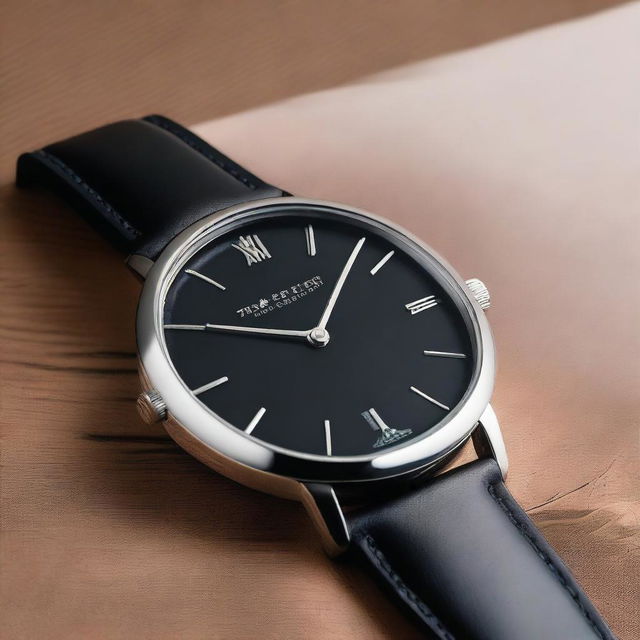 A black wrist watch named 'Timeless Classic', featuring a sleek and elegant design with a minimalist black dial, silver hands, and a black leather strap