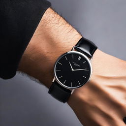 A black wrist watch named 'Timeless Classic', featuring a sleek and elegant design with a minimalist black dial, silver hands, and a black leather strap