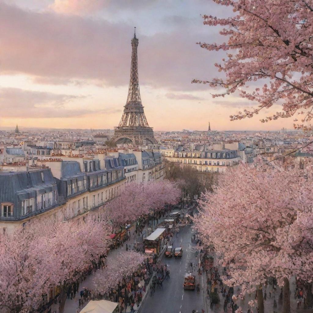 A picturesque view of Paris during sunrise with the Eiffel Tower in the foreground, cafes bustling with people, and adorned with blooming cherry blossom trees.