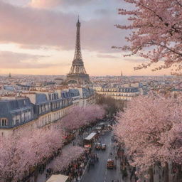 A picturesque view of Paris during sunrise with the Eiffel Tower in the foreground, cafes bustling with people, and adorned with blooming cherry blossom trees.