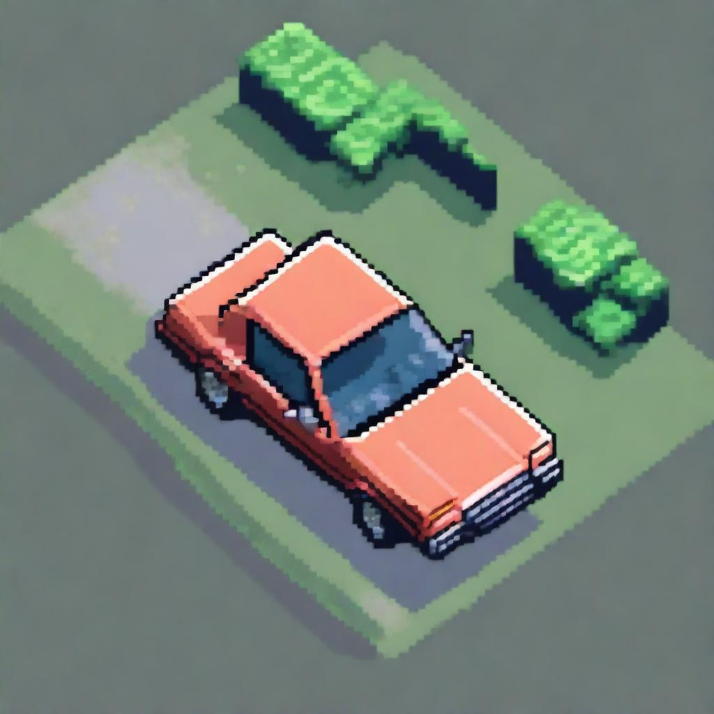 A top view of a pixelated car, showcasing the vehicle's roof, windows, and basic body shape in a pixel art style