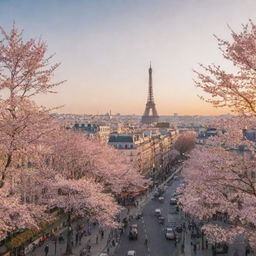 A picturesque view of Paris during sunrise with the Eiffel Tower in the foreground, cafes bustling with people, and adorned with blooming cherry blossom trees.