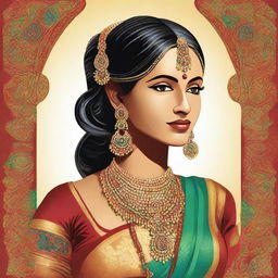 A depiction of an Indian woman with traditional attire, featuring prominent curves