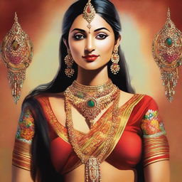 A depiction of an Indian woman with traditional attire, featuring prominent curves