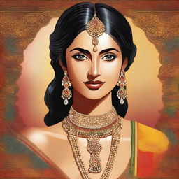 A depiction of an Indian woman with traditional attire, featuring prominent curves