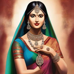 A depiction of an Indian woman with traditional attire, featuring prominent curves