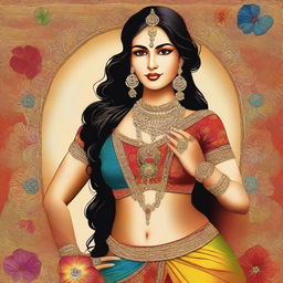 A depiction of an Indian woman wearing traditional attire, emphasizing her curvy figure