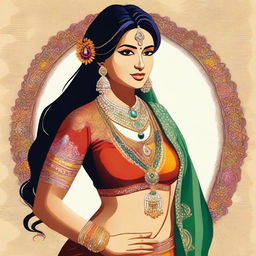 A depiction of an Indian woman wearing traditional attire, emphasizing her curvy figure