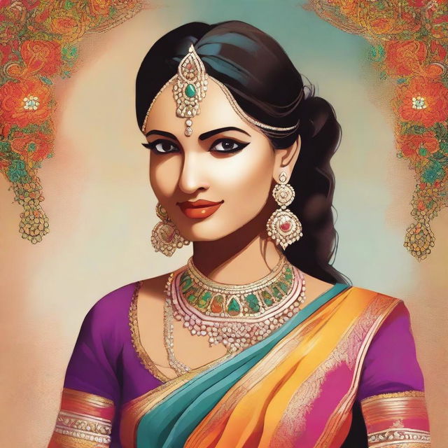 A depiction of an Indian woman wearing traditional attire, emphasizing her curvy figure