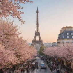 A picturesque view of Paris during sunrise with the Eiffel Tower in the foreground, cafes bustling with people, and adorned with blooming cherry blossom trees.