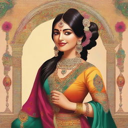 A depiction of an Indian woman wearing traditional attire, emphasizing her curvy figure