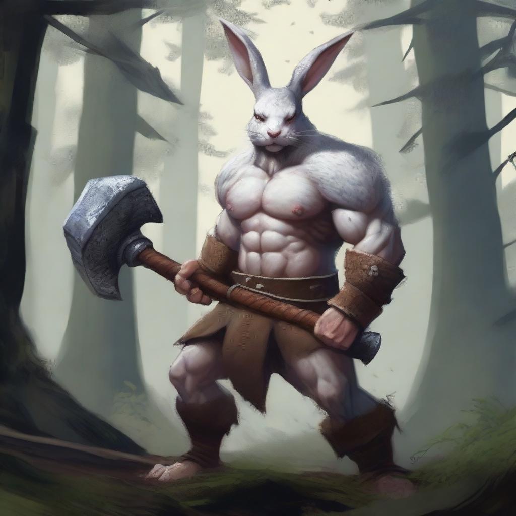 A fierce, raging white rabbitfolk barbarian wielding a massive axe