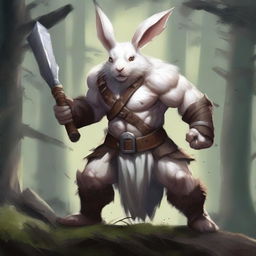 A fierce, raging white rabbitfolk barbarian wielding a massive axe