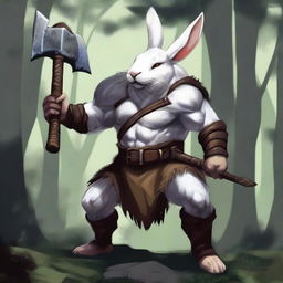 A fierce, raging white rabbitfolk barbarian wielding a massive axe